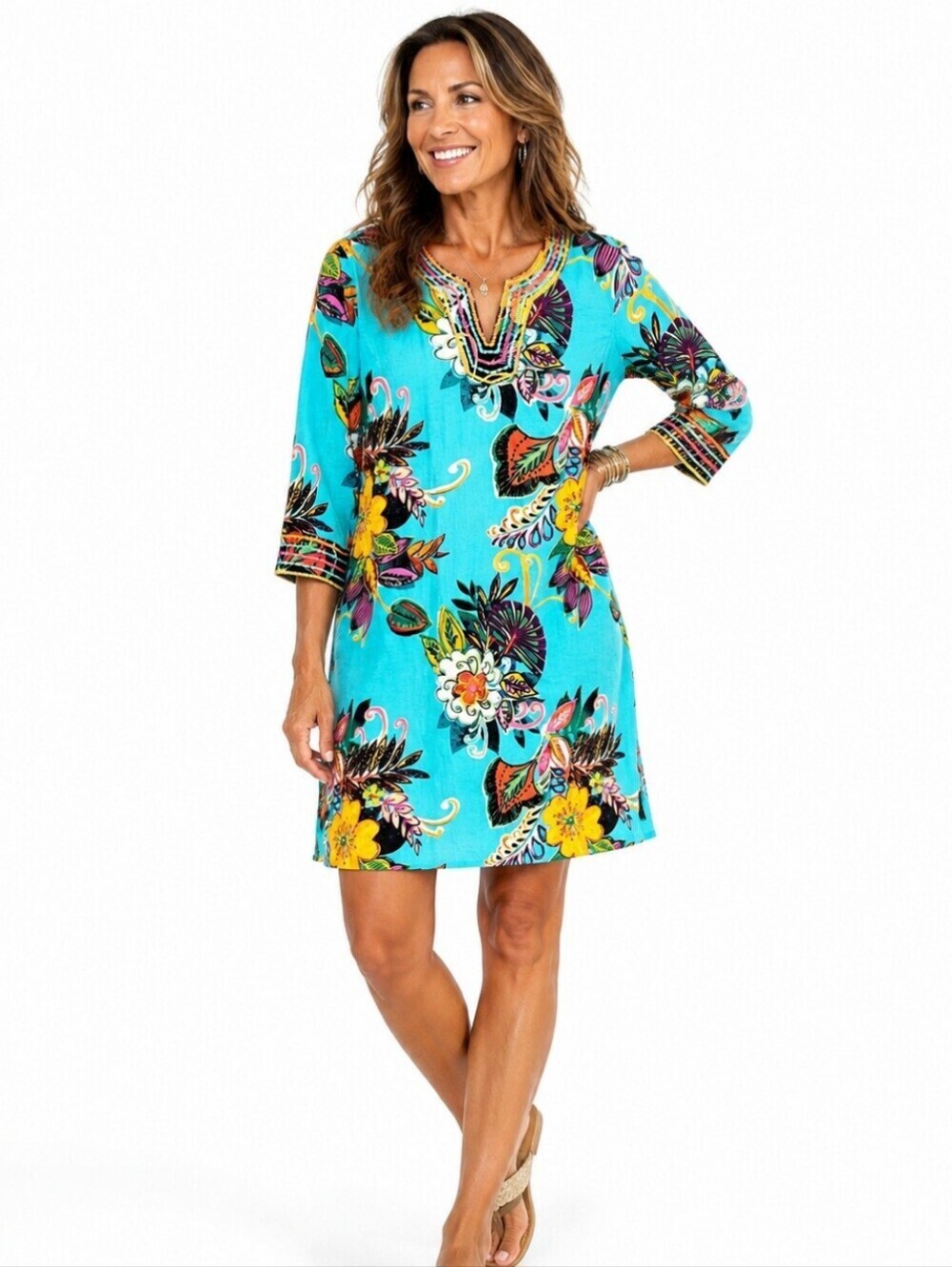 John Mark Tunic Dress Size M Embroidered Boho Tropical Floral Oversized Coastal